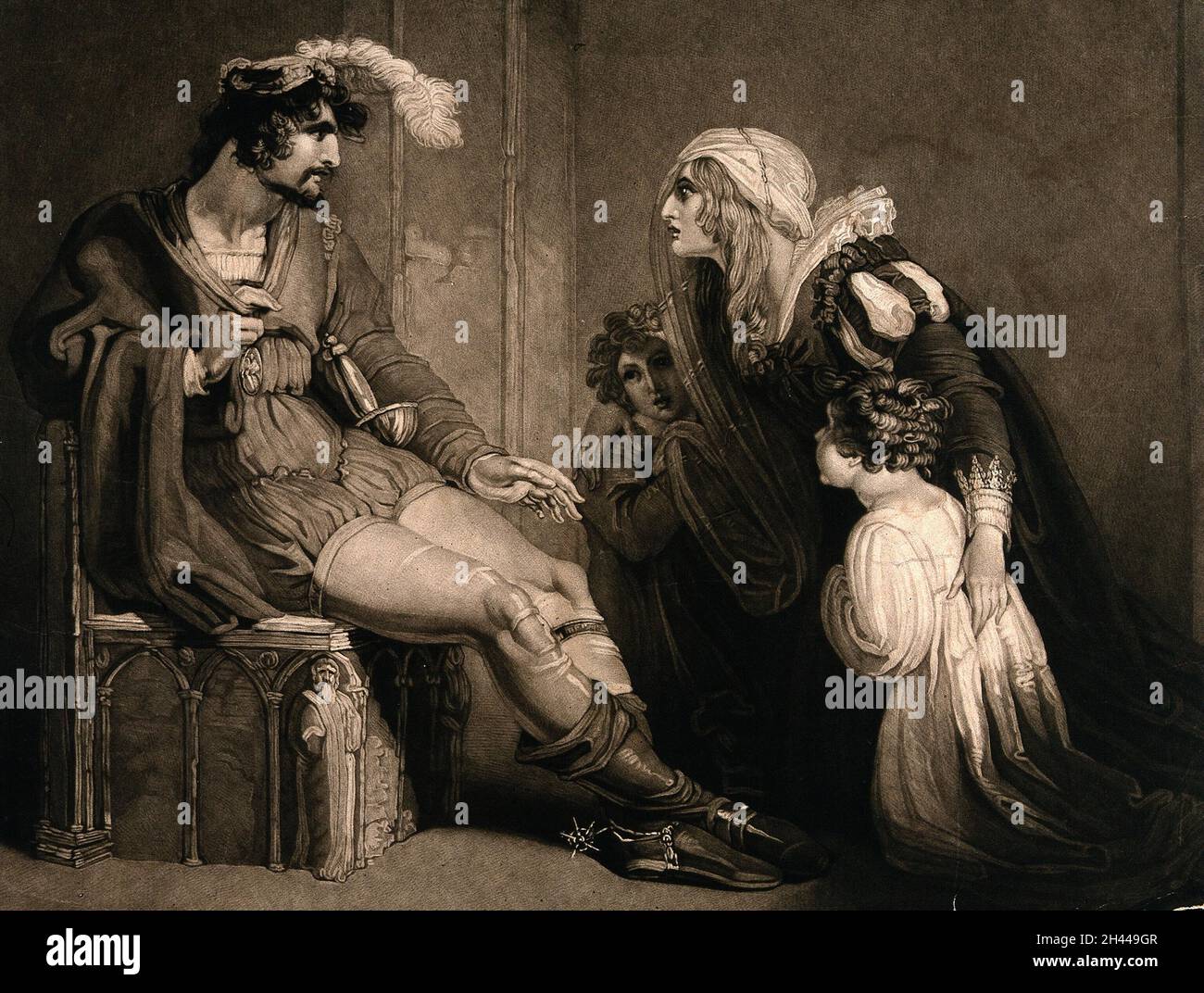 Una donna [Anne?] E due bambini si inginocchiano ai piedi di un uomo in un cappuccio di piuma [Riccardo III?]. Mezzotinta. Foto Stock