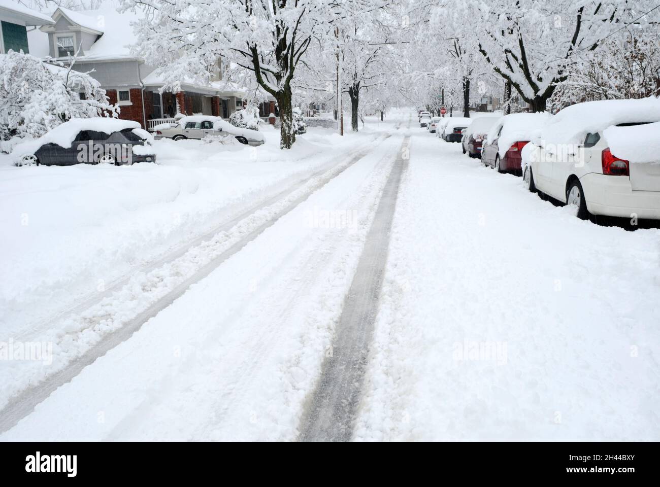 Il postumi di una tempesta di neve su una strada residenziale. Foto Stock