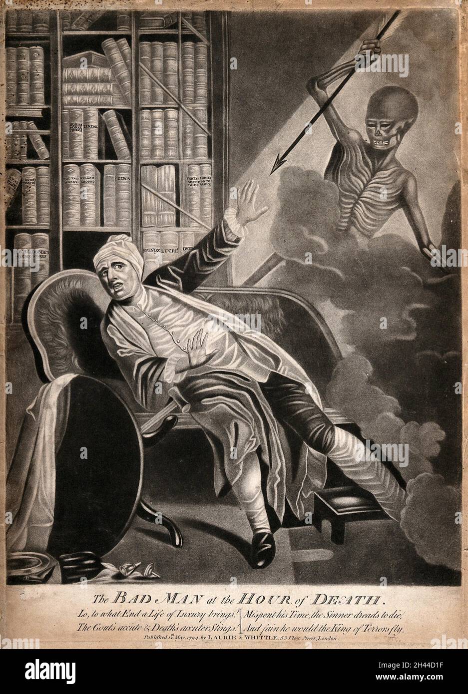 Un uomo gottoso soffocato dalla morte; rappresentato come una figura scheletrica con una freccia. Mezzotinta, 1794. Foto Stock