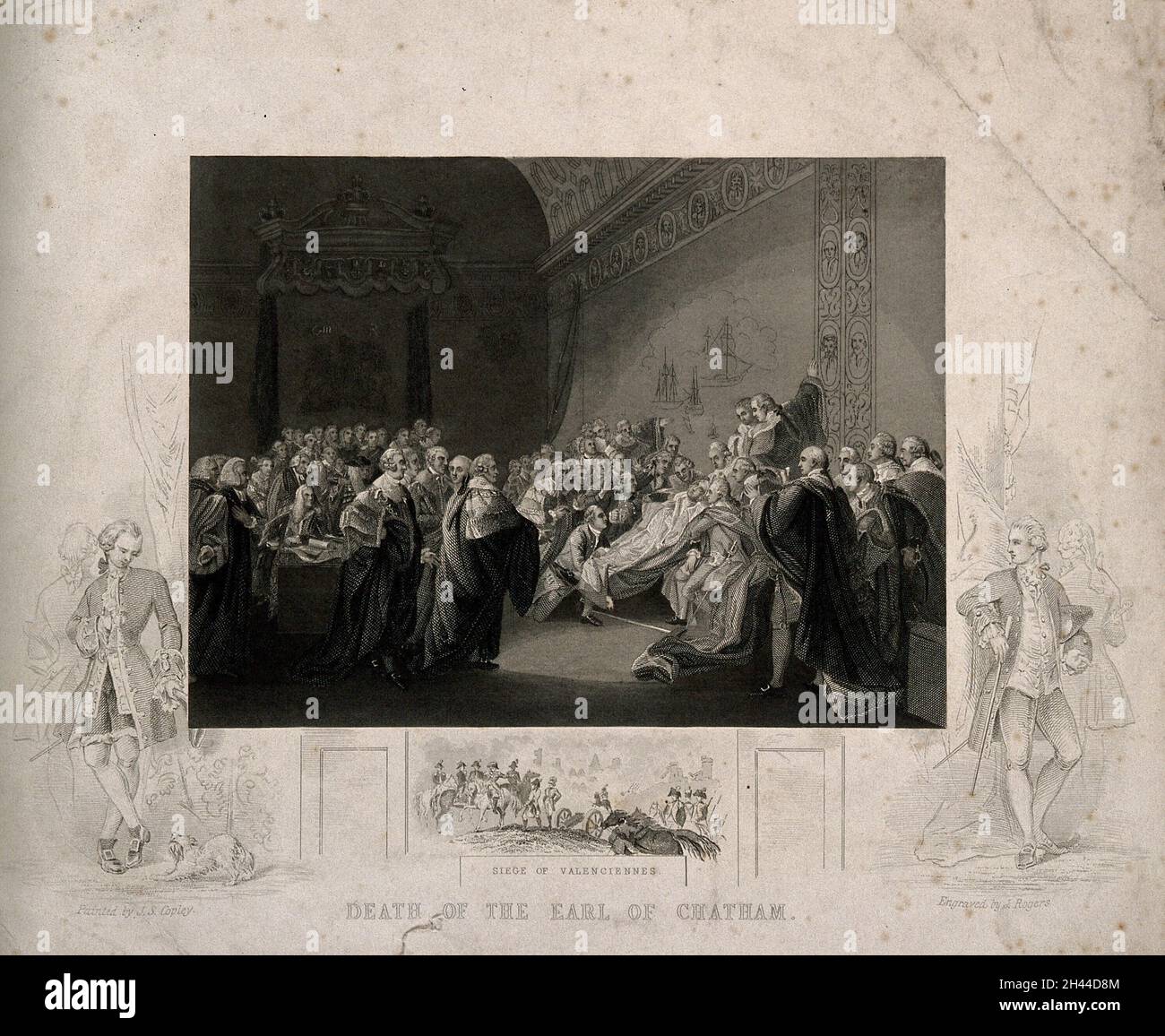 La morte di William Pitt, Lord Chatham, nella Camera superiore del Palazzo di Westminster, 1778. Incisione di J. Rogers dopo J. Copley, 1779. Foto Stock