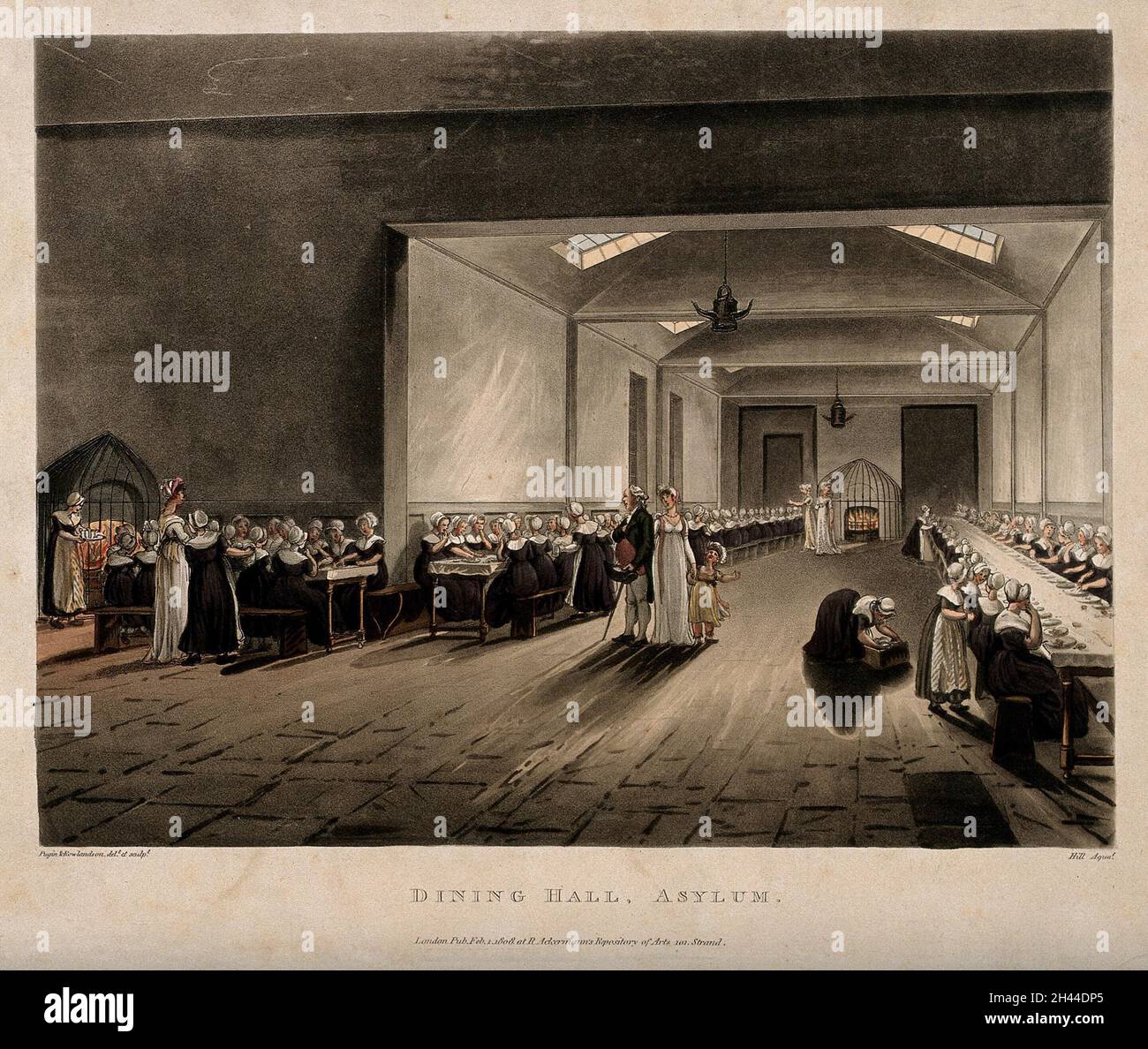L'asilo per le orfane femminili, Lambeth: L'interno della sala da pranzo. Colorato aquatint da Hill, 1808, dopo A.C. Pugin e T. Rowlandson. Foto Stock