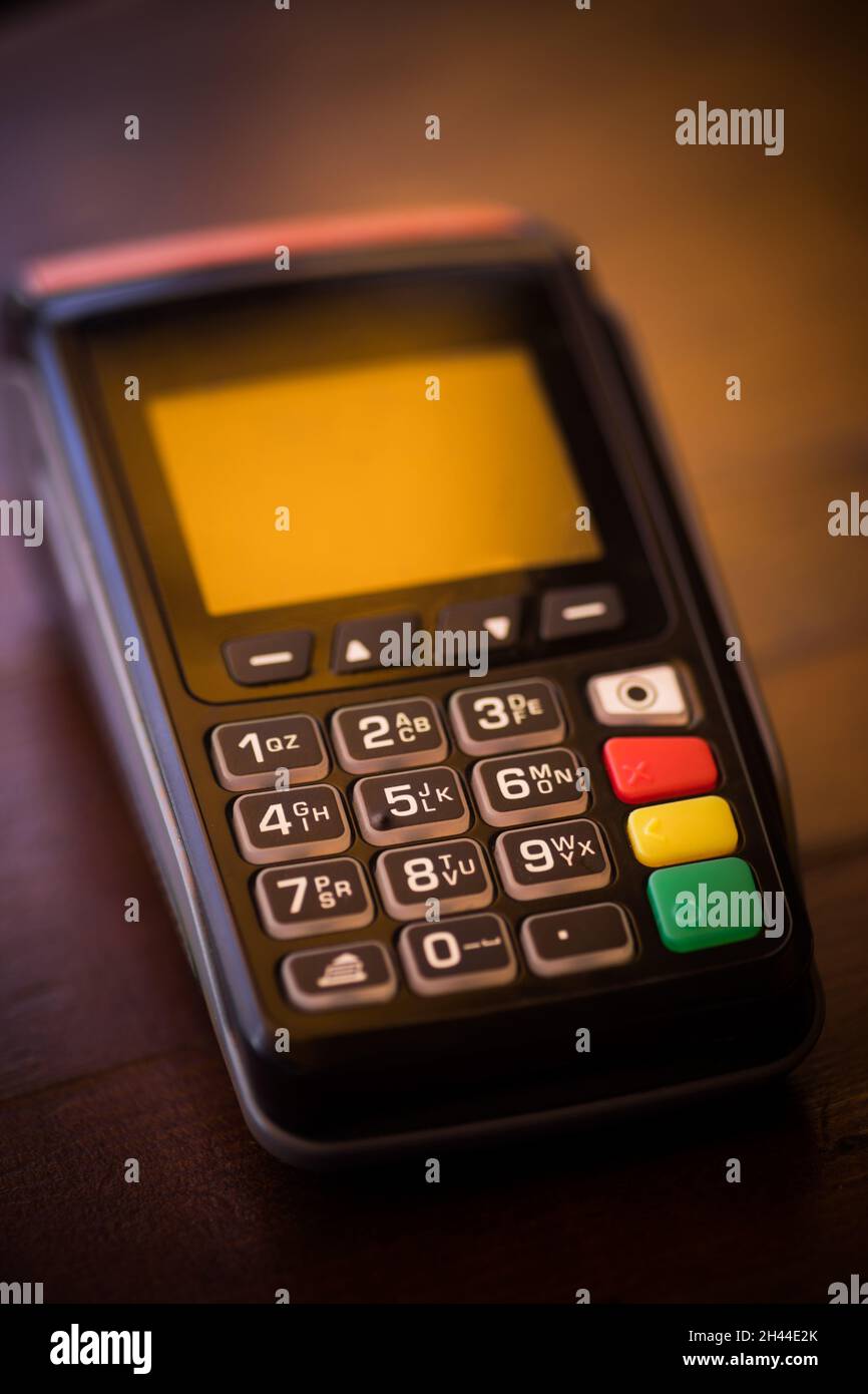 Primo piano di un'unità POS con profondità di campo ridotta. Foto Stock