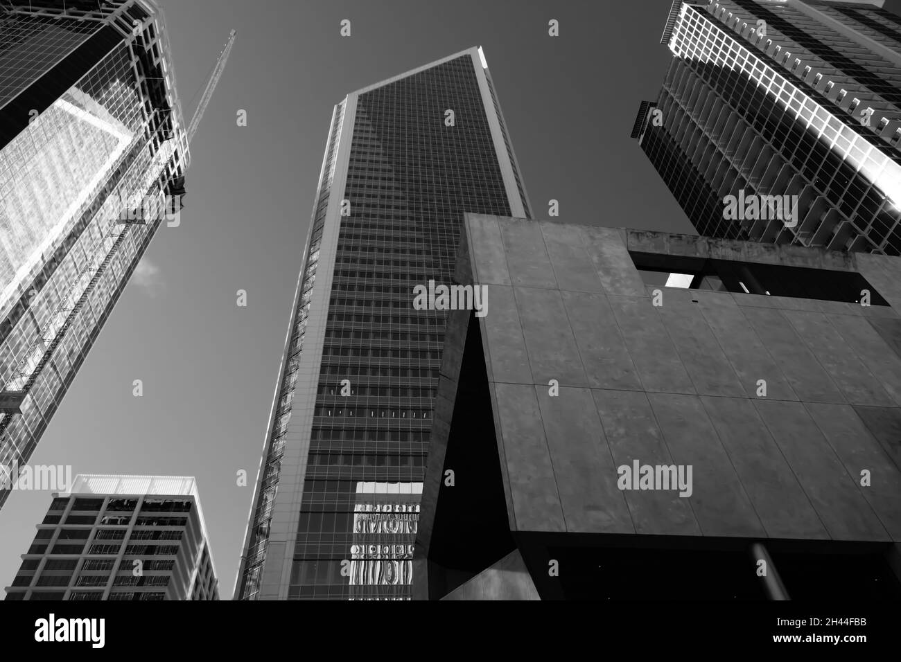 Vista verso l'alto dei moderni grattacieli di Charlotte, Carolina del Nord, USA Foto Stock