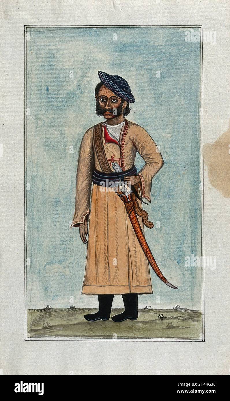 Un uomo che indossa un abito Mughal con stivali e una berretto inglese. Pittura gouache di un artista indiano. Foto Stock