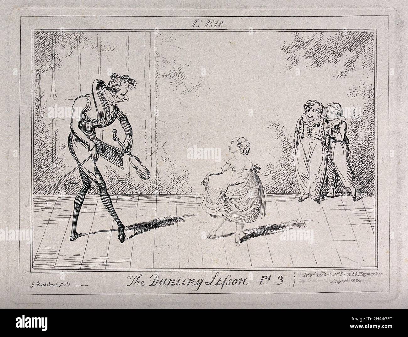 Una lezione di ballo: Due ragazzi stanno ridendo sullo sfondo mentre l'insegnante mostra alla ragazza come tenere il suo vestito per la danza. Incisione di George Cruikshank. Foto Stock