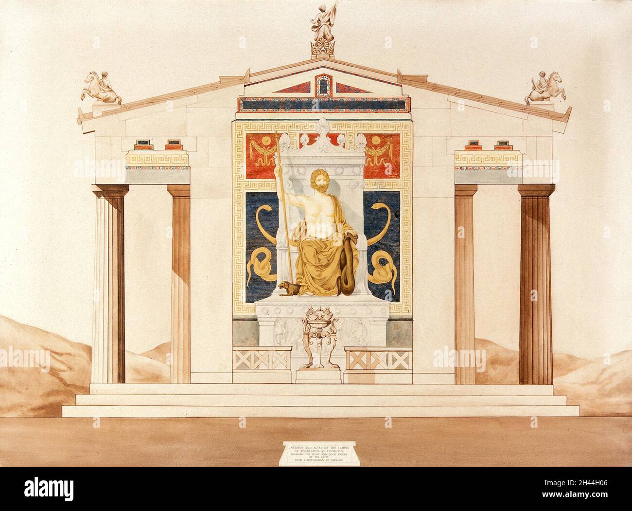 Il tempio di Epidauro: Sezione trasversale che mostra la statua della divinità. Acquerello dopo Defrasse. Foto Stock