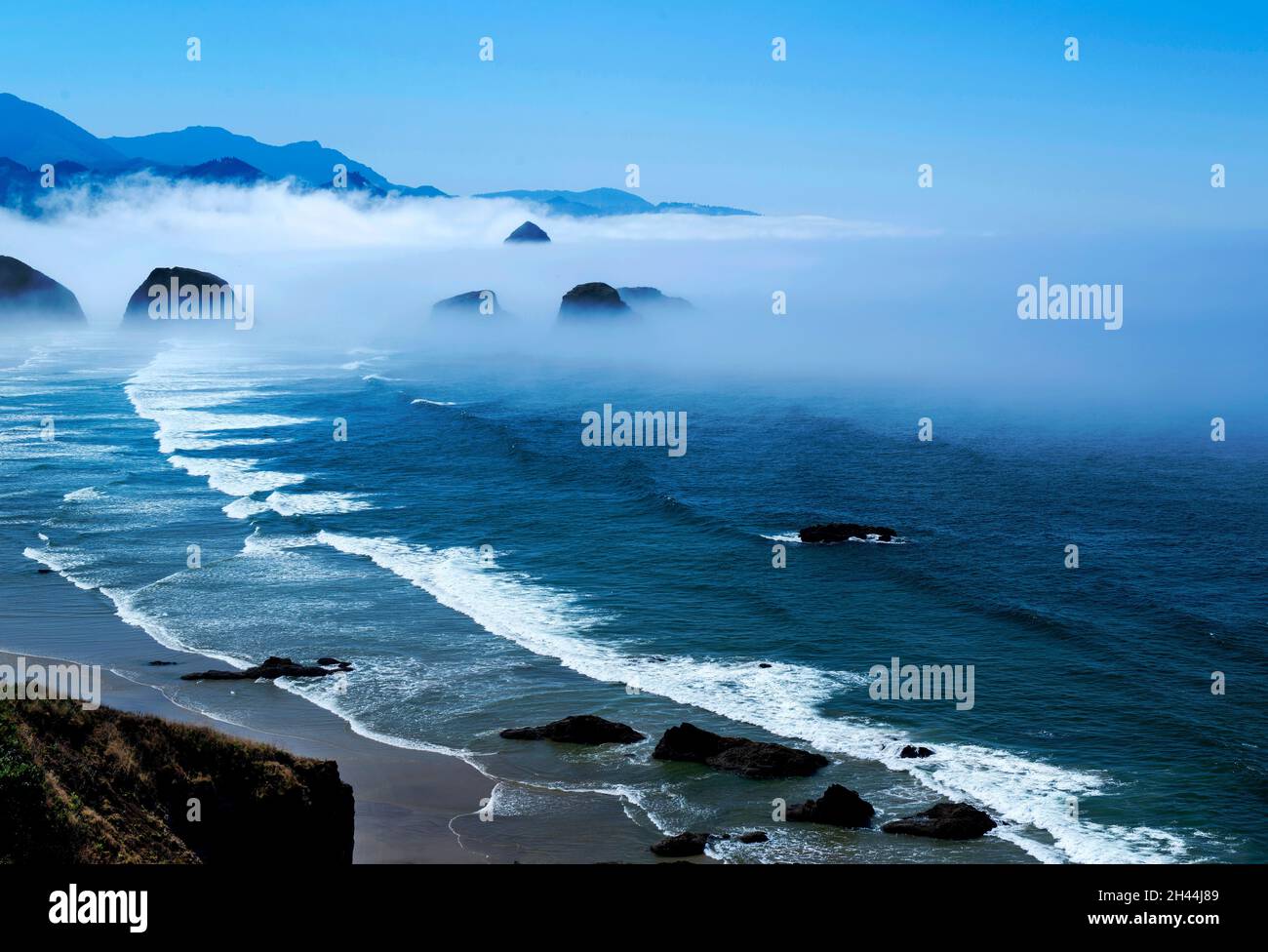 Vista di Cannon Beach da Ecola Point in Heavy FOG, Ecola state Park, Oregon Foto Stock