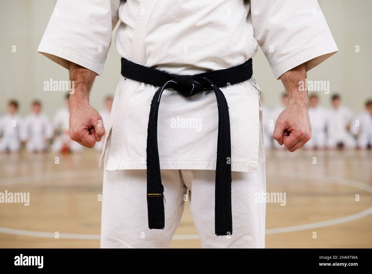 Il maestro di Karate in un kimono bianco e con una cintura nera, si trova di fronte alla formazione dei suoi studenti. Scuola di arti marziali in formazione in palestra Foto Stock