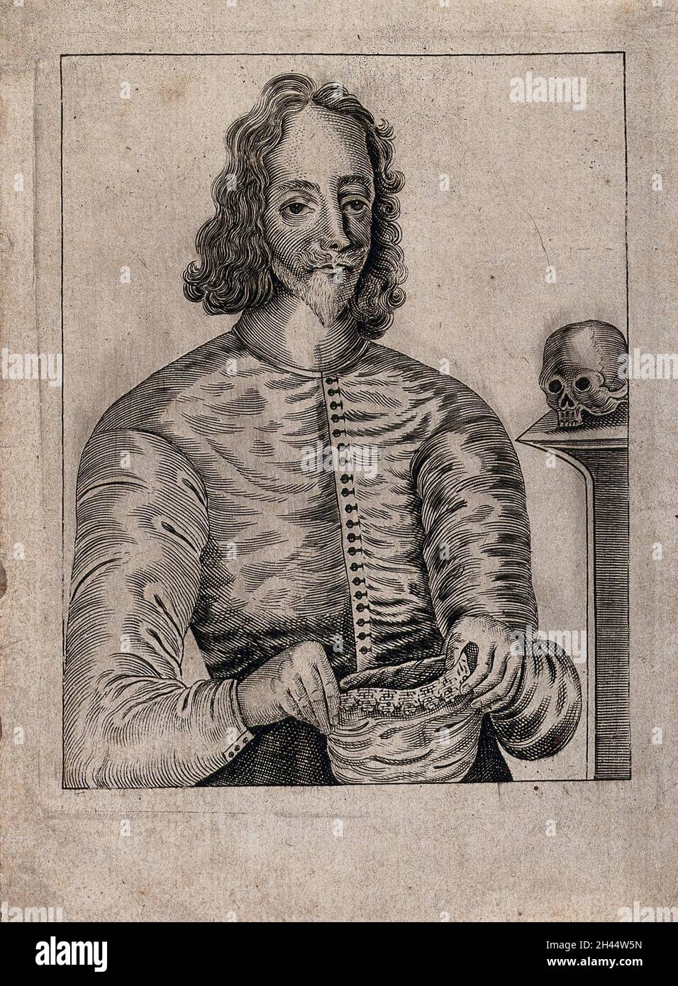 Re Carlo i teneva il cappello in cui fu giustiziato; un teschio sul piedistallo a destra. Acquaforte, 16--. Foto Stock