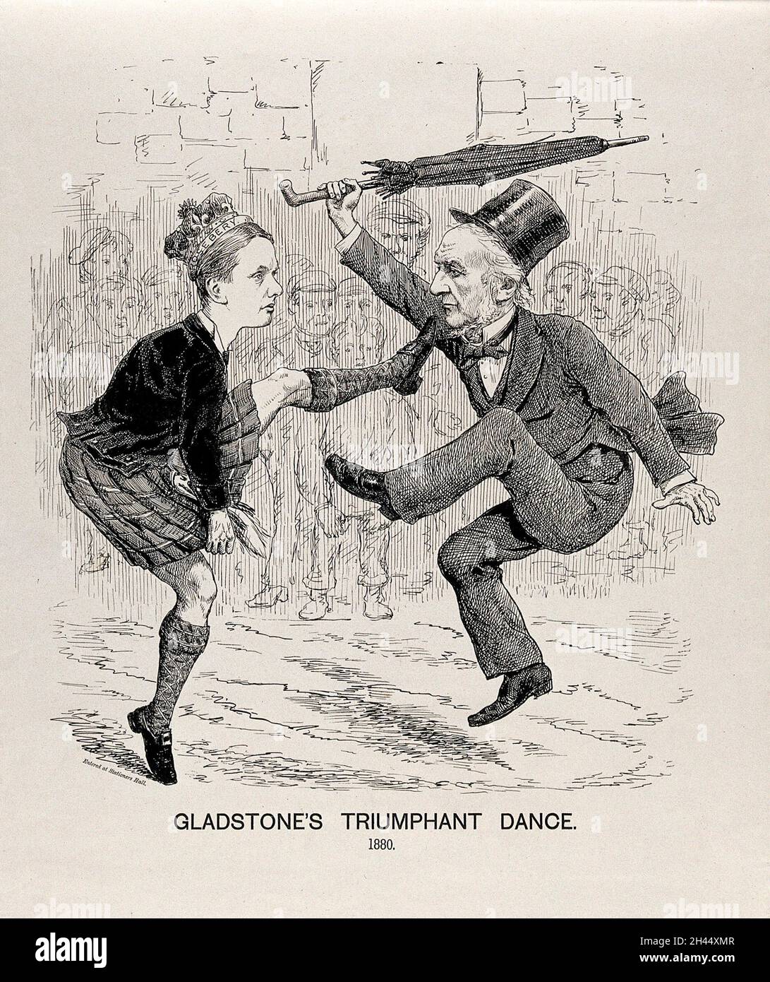 Gladstone balla con Lord Rosebery, che indossa un kilt; celebra la vittoria liberale alle elezioni generali britanniche del 1880 e una corona. Incisione, 1880. Foto Stock