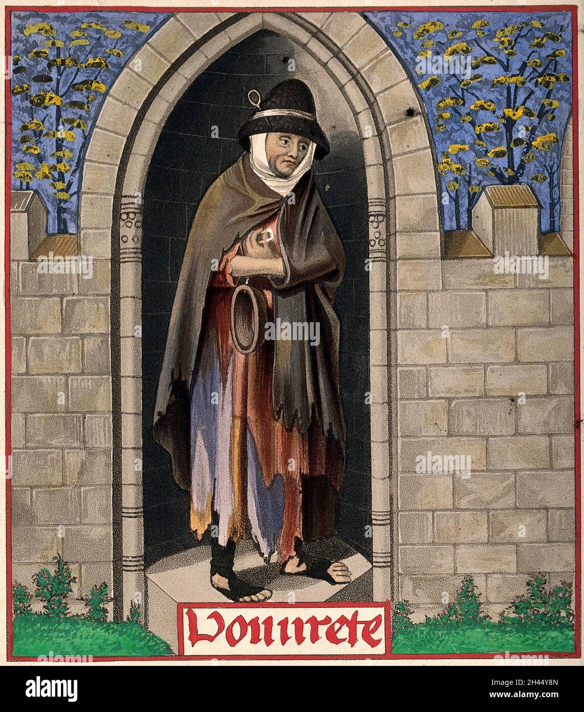 Una donna in abiti stragged si trova all'interno di una nicchia in pietra. Elaborazione della stampa. Foto Stock