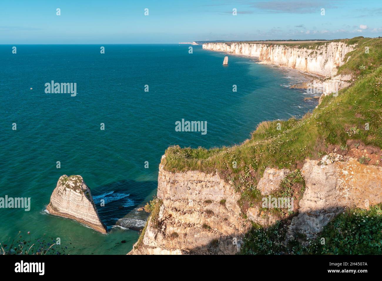 Etretat è meglio conosciuta per le sue scogliere di gesso, tra cui tre archi naturali e una formazione appuntita chiamata Aiguille o l'ago Foto Stock