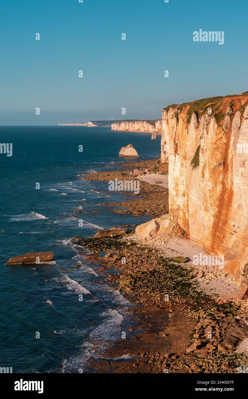 Etretat è meglio conosciuta per le sue scogliere di gesso, tra cui tre archi naturali e una formazione appuntita chiamata Aiguille o l'ago Foto Stock