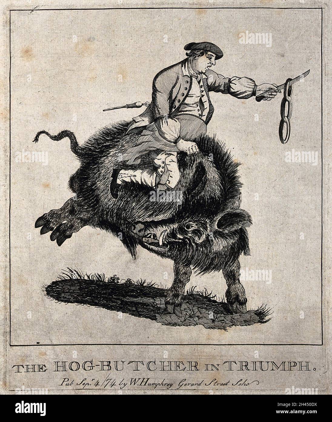 Un macellaio che fa oscillare una fila di salsicce da un coltello corre sul retro di un grande cinghiale nero. Acquaforte, 1774. Foto Stock