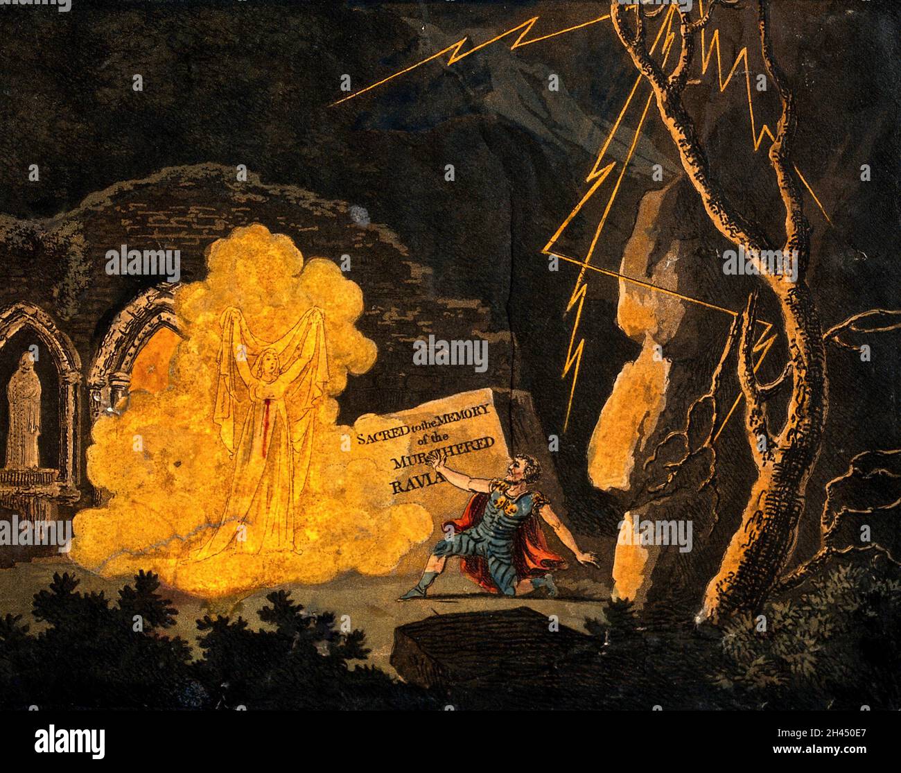 Il fantasma di Ravia, vestito di bianco con il sangue sul suo vestito, appare al marito Cazem durante una tempesta di notte, di fronte alle rovine gotiche, e gli chiede di vendicare il suo omicidio. Acquatinta colorata, ca. 1810. Foto Stock