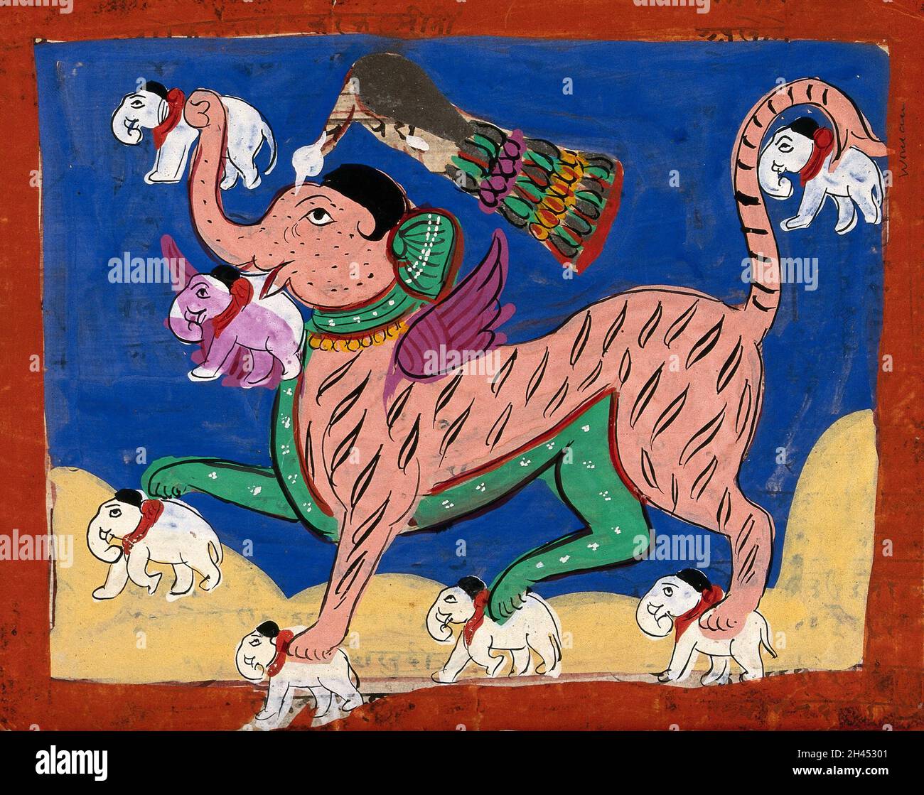 Il Sarabha: Una creatura mitica legata a Shiva. Disegno gouache. Foto Stock