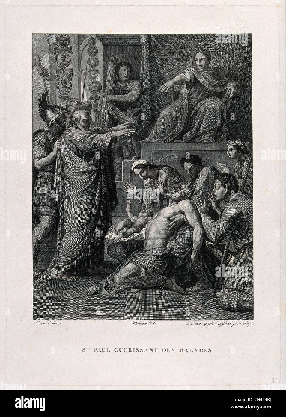 San Paolo guarisce i malati. Incisione di H. Pauquet e J. Massard, 18--, dopo Molinchon dopo E. le Sueur, 1645. Foto Stock