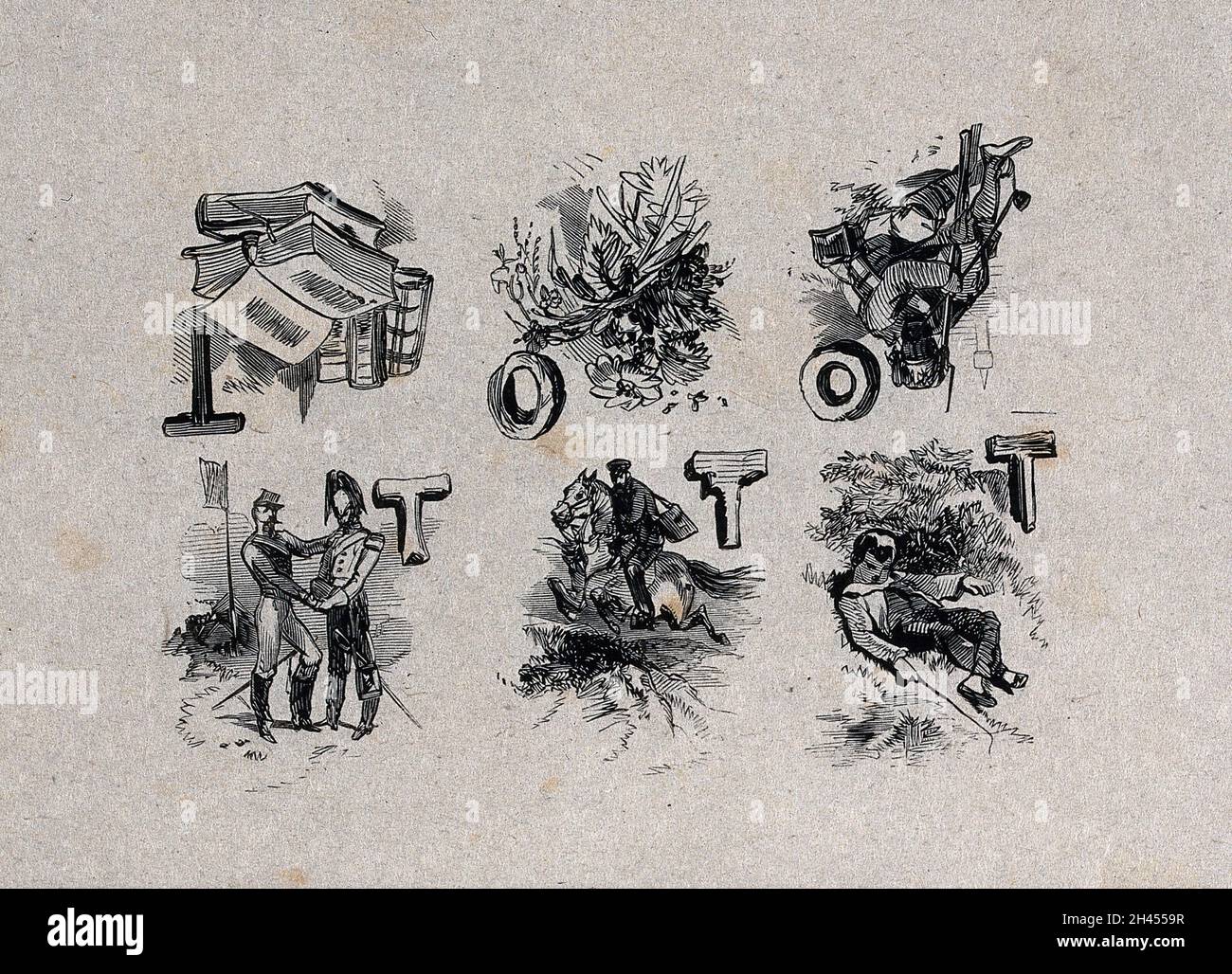 Sei vignette (con lettere maiuscole T o o): Un libro aperto con libri chiusi (T); un mazzo di fiori selvatici (o); uno Zouave seduto con una pistola (o); due soldati (T); un messaggero a cavallo (T); un ragazzo addormentato sull'erba (T). Incisione in legno di H. Linton. Foto Stock