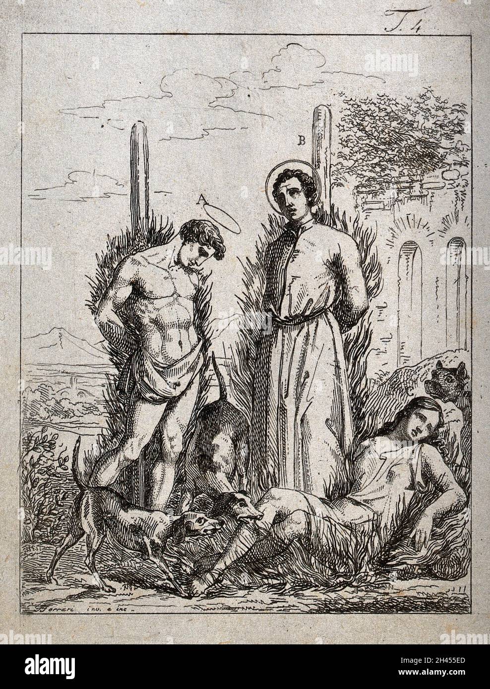 Martirio di due santi maschi bruciando sul palo con una femmina martirizzata. Acquaforte da Ferrari. Foto Stock