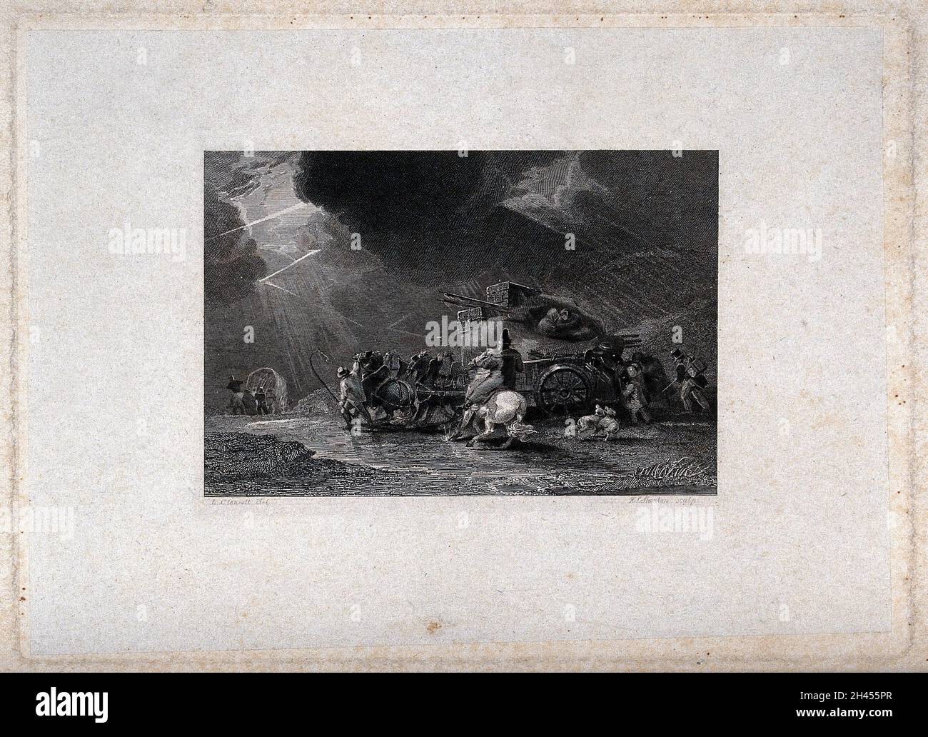 Un temporale, con la pioggia che batte giù sui viaggiatori in un passo di montagna. Incisione di H. C. Shenton dopo L. Clennell. Foto Stock