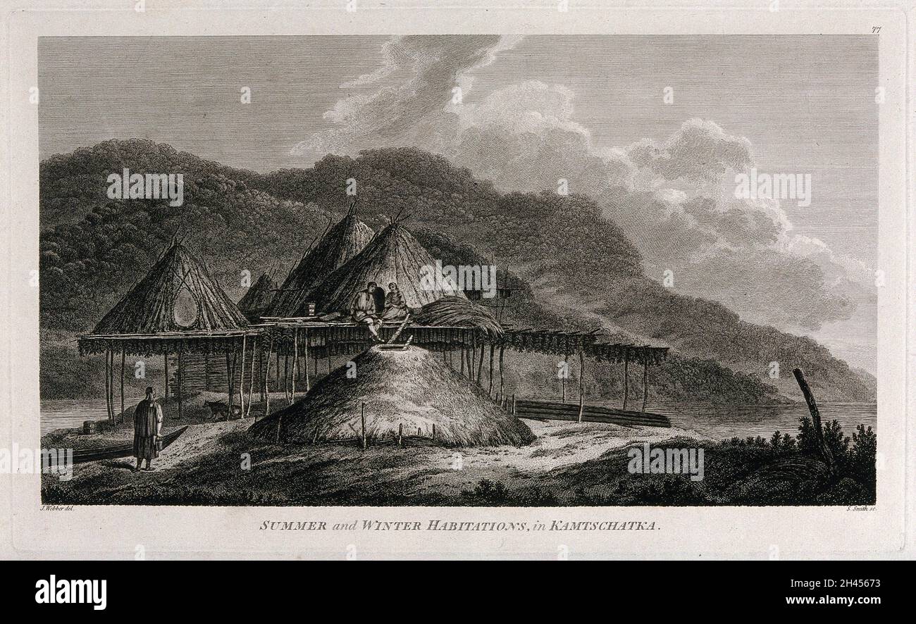 Habitat estivi e invernali da Kattschatka (Russia); incontrata dal capitano Cook nel suo terzo viaggio (1777-1780) incisione di S. Smith dopo J. Webber, 1780/1785. Foto Stock
