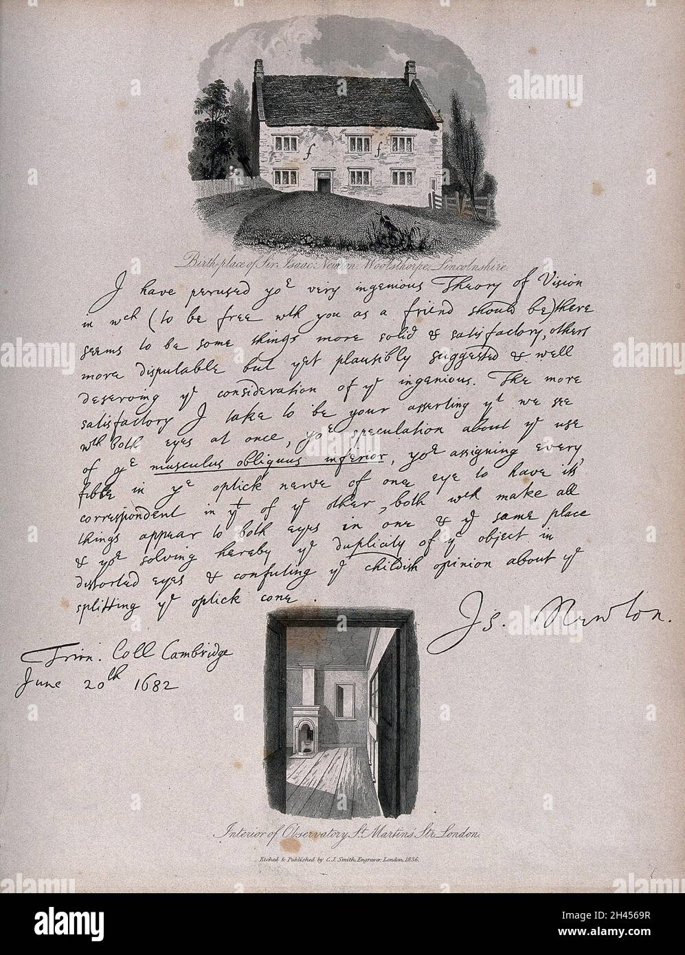 Top, la casa dove nacque Isaac Newton, Woolsthorpe, Lincolnshire; Center, una lettera scritta da Isaac Newton dal Trinity College Cambridge, 20 giugno 1682; Bottom, interno dell'osservatorio nella casa di Newton su St. Martin's Street, Londra. Incisione di C.J. Smith, 1836. Foto Stock