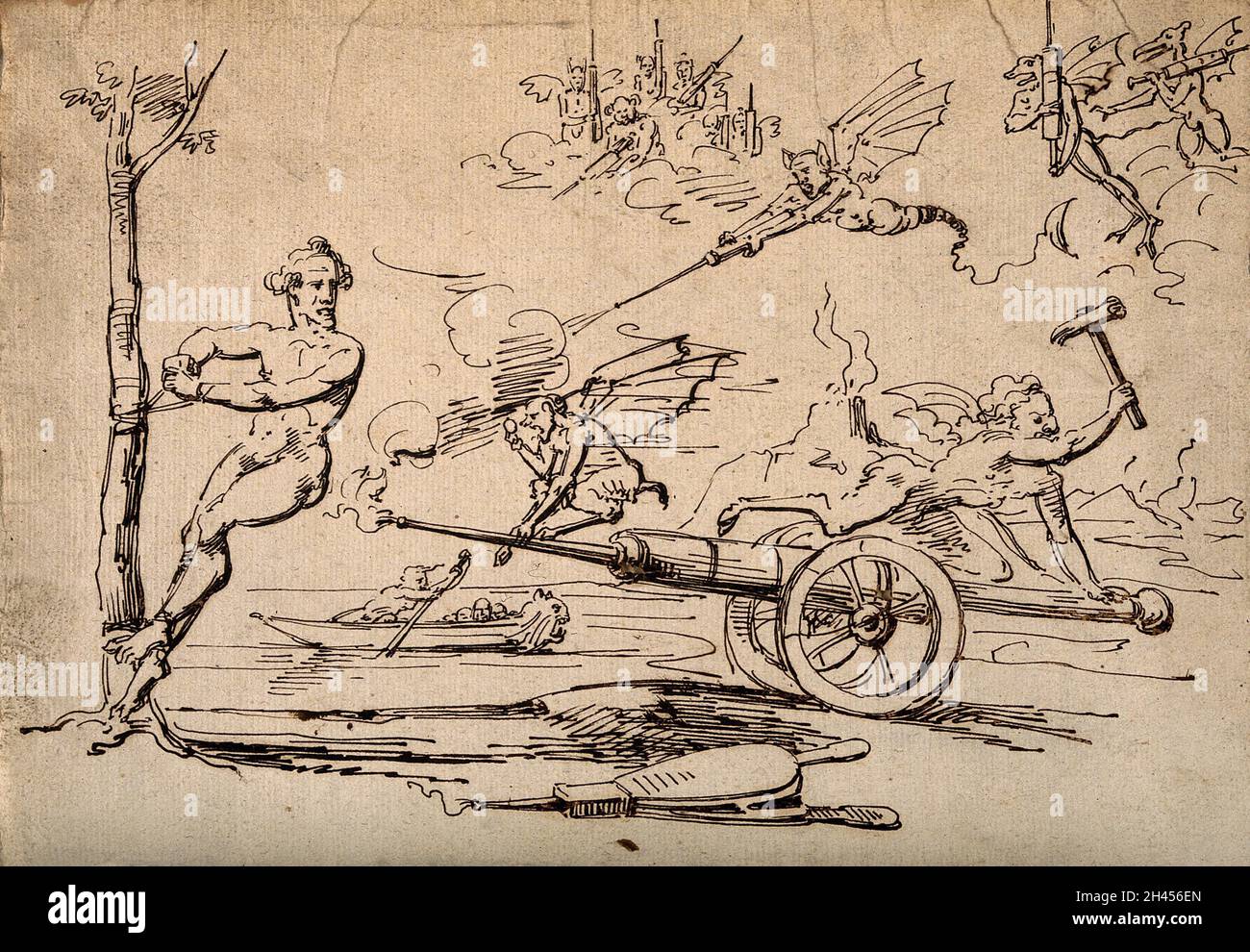 Un esercito di demoni armati di clysters, uno dei quali è un cannone enorme, attaccare un uomo legato ad un albero; suggerendo l'esperienza terribile di avere un enema. Disegno penna. Foto Stock