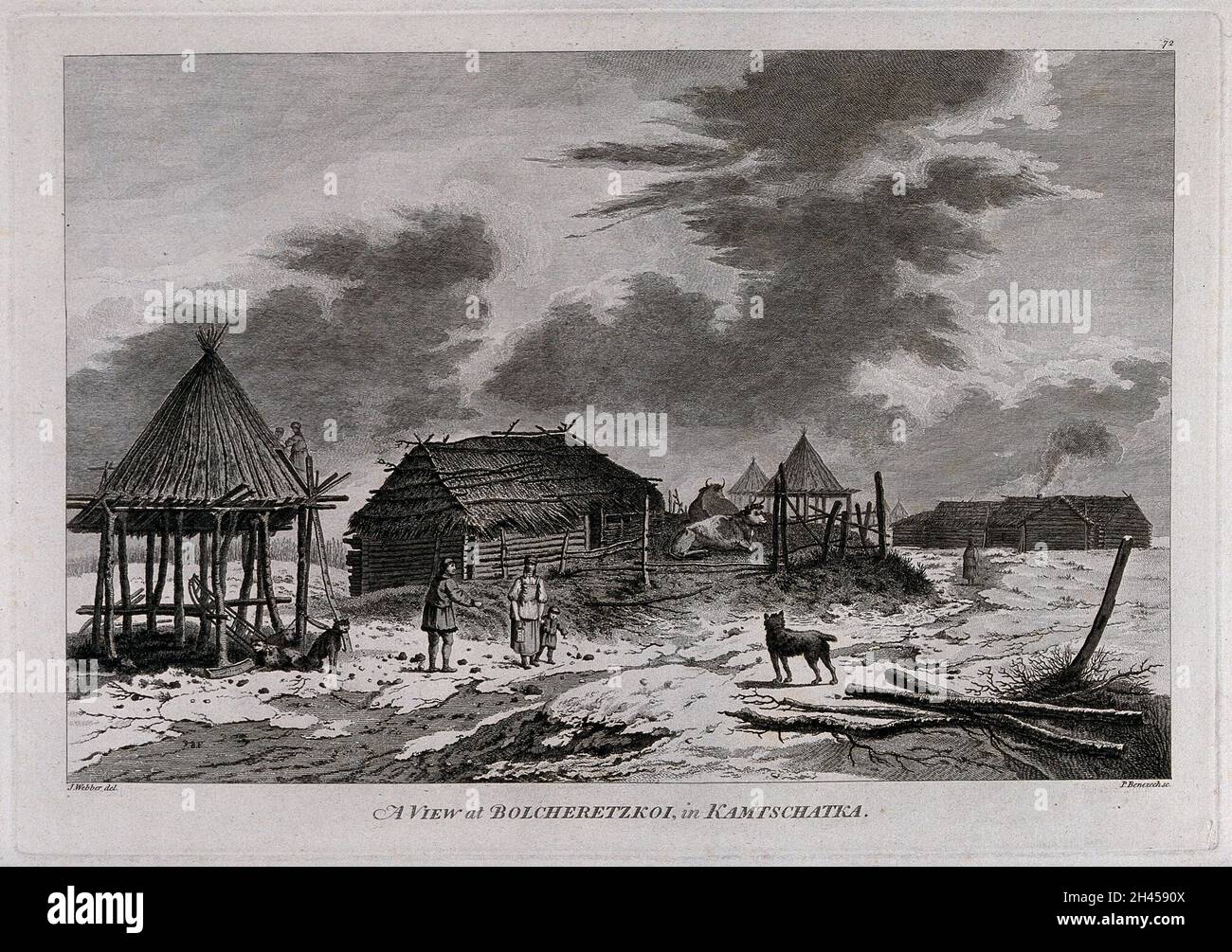 Il villaggio di Bolcheretzkoi, a Kamchatka (Russia), con alcuni dei suoi abitanti; incontrato dal capitano Cook nel suo terzo viaggio (1777-1780) incisione di P. Benazech dopo J. Webber, 1780/1785. Foto Stock