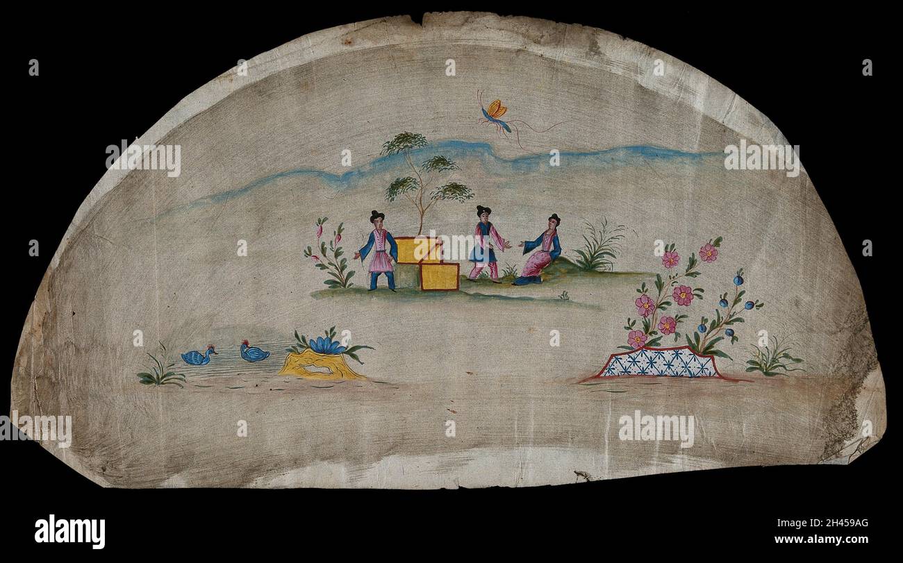 Un disegno per un fan che raffigura una scena pastorale con figure cinesi. Acquerello dipinto da un artista cinese. Foto Stock
