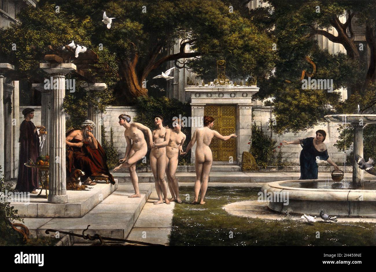 Venere visita Aesculapio per chiedergli di togliere una spina dal piede. Stampa a colori dopo Sir E.J. Poynter. Foto Stock