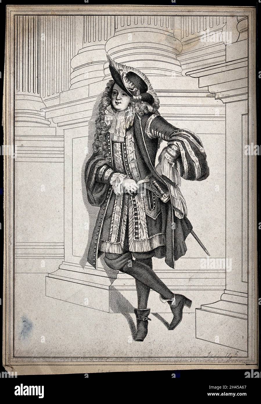 Un uomo vestito in costume del XVII secolo appoggiato alla calza di alcune colonne doppie. Acquaforte. Foto Stock