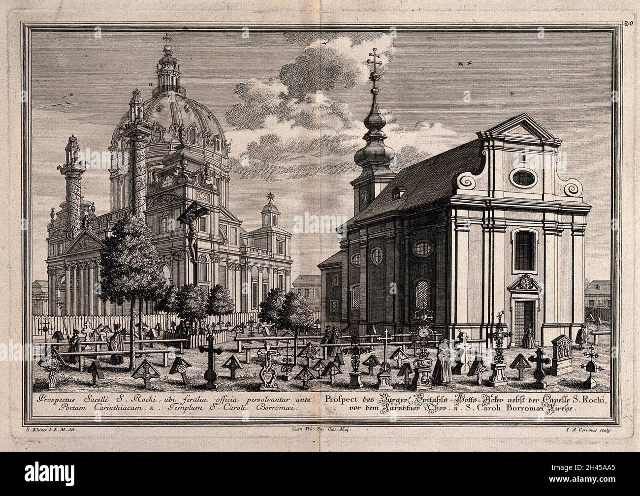 La chiesa di San Carlo Borromeo (Karlskirche) e la cappella di San Roch, Vienna. Incisione di J.A. Corvinus dopo S. Kleiner. Foto Stock