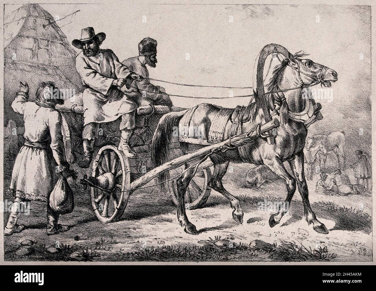 Un uomo che guida un carro trainato da cavalli si è fermato per chiedere la via di un uomo sul lato della strada che porta un fascio: Gli dice di tornare nella direzione opposta. La litografia è stata rimessa in E. Purcell dopo C. Vernet. Foto Stock