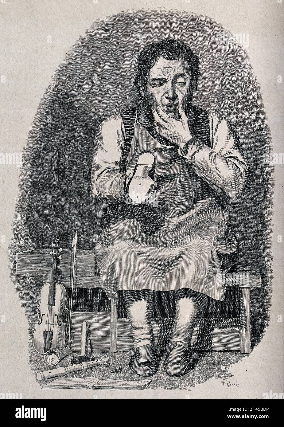 Un calzolaio musicale scozzese: Si siede su una panca e contempla la suola di una scarpa che tiene; sul pavimento e poggiando contro la panca ci sono un violino, un registratore e un libro di spartiti musicali. Incisione di Walter Geikie. Foto Stock
