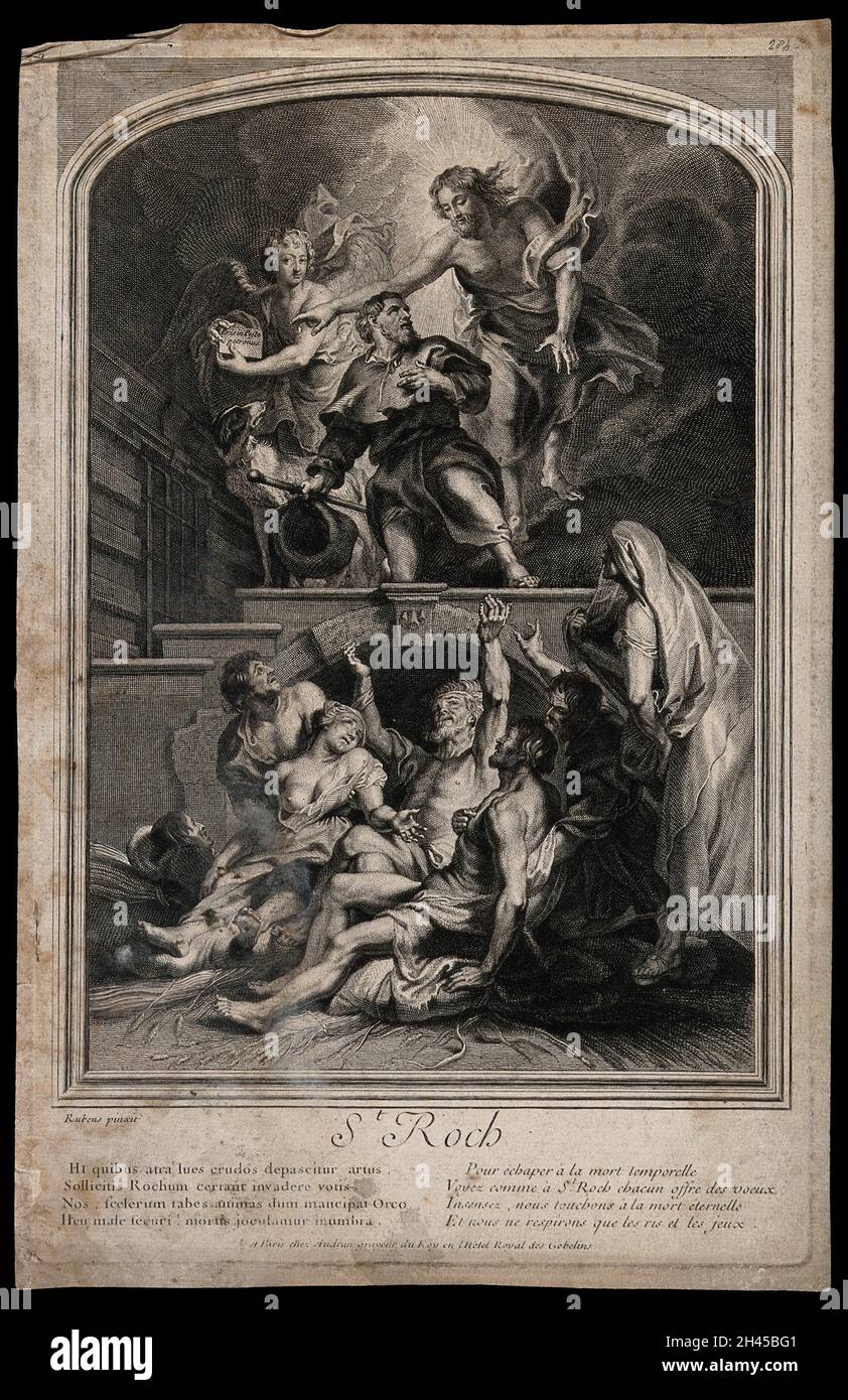 San Rocco che intercede con Cristo per le vittime della peste in un lazaretto. Incisione di Audran dopo Sir P.P. Rubens. Foto Stock