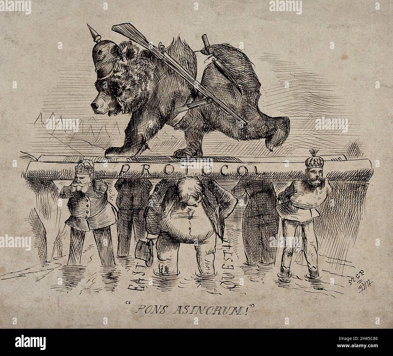 Un orso che indossa un casco con punte e una pistola sta camminando su un ponte contrassegnato come protocollo, sostenuto da governanti di paesi diversi. Disegno di M.C.P. (?), 12 luglio 1877. Foto Stock