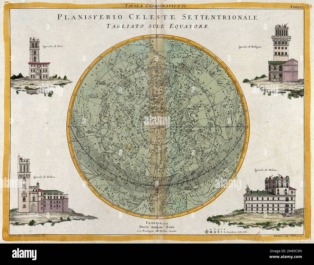 Astronomia: Una mappa delle stelle del cielo notturno. Incisione colorata, 1777. Foto Stock