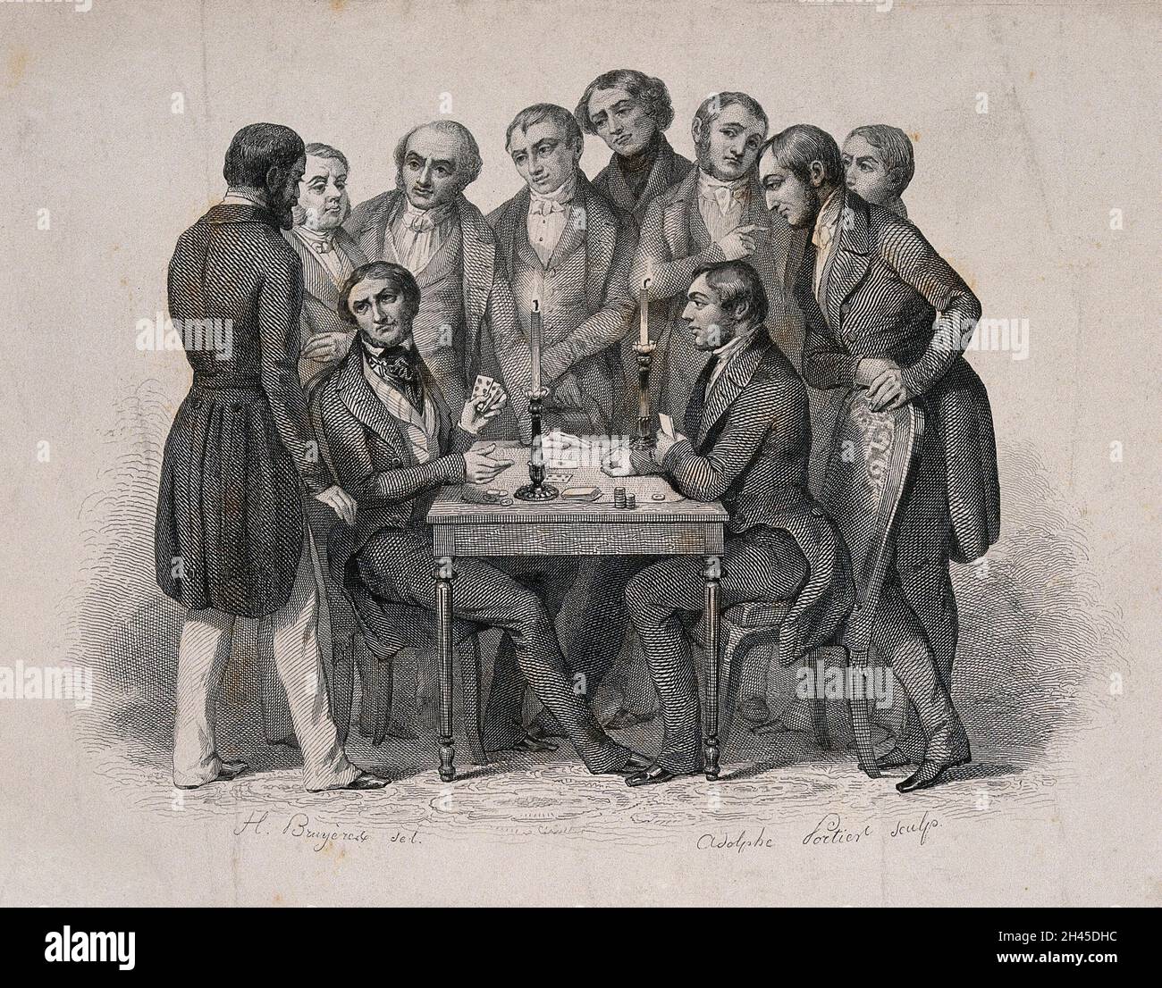 Una folla guarda come due uomini scommettere; che rappresenta la facoltà frenologica di acconsitività. Incisione in acciaio di L.A. Portier, 1847, dopo H. Bruyères. Foto Stock