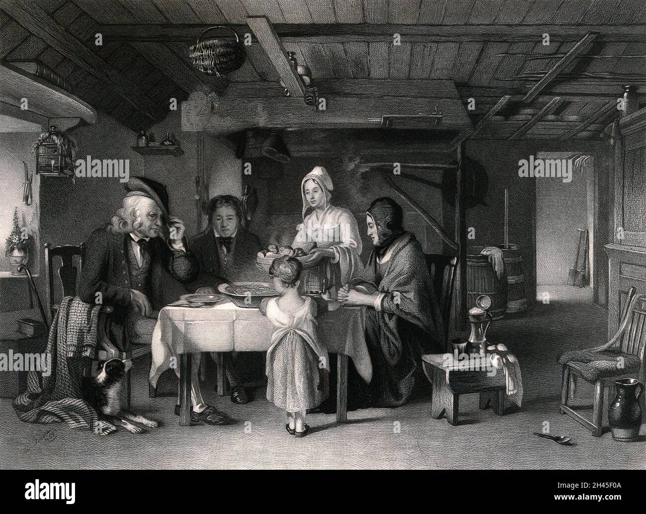 La famiglia di un pastore dice grazia al tavolo del pasto con un cane di pecora seduto sotto la sedia del padre. Mezzotinta con incisione di Edward Burton, 1851, dopo Alexander George Fraser. Foto Stock