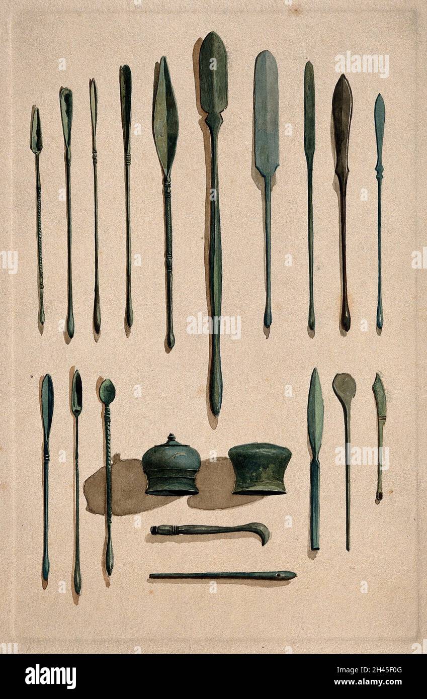 Una selezione di strumenti chirurgici antichi romani. Acquerello, 1850/1910  Foto stock - Alamy