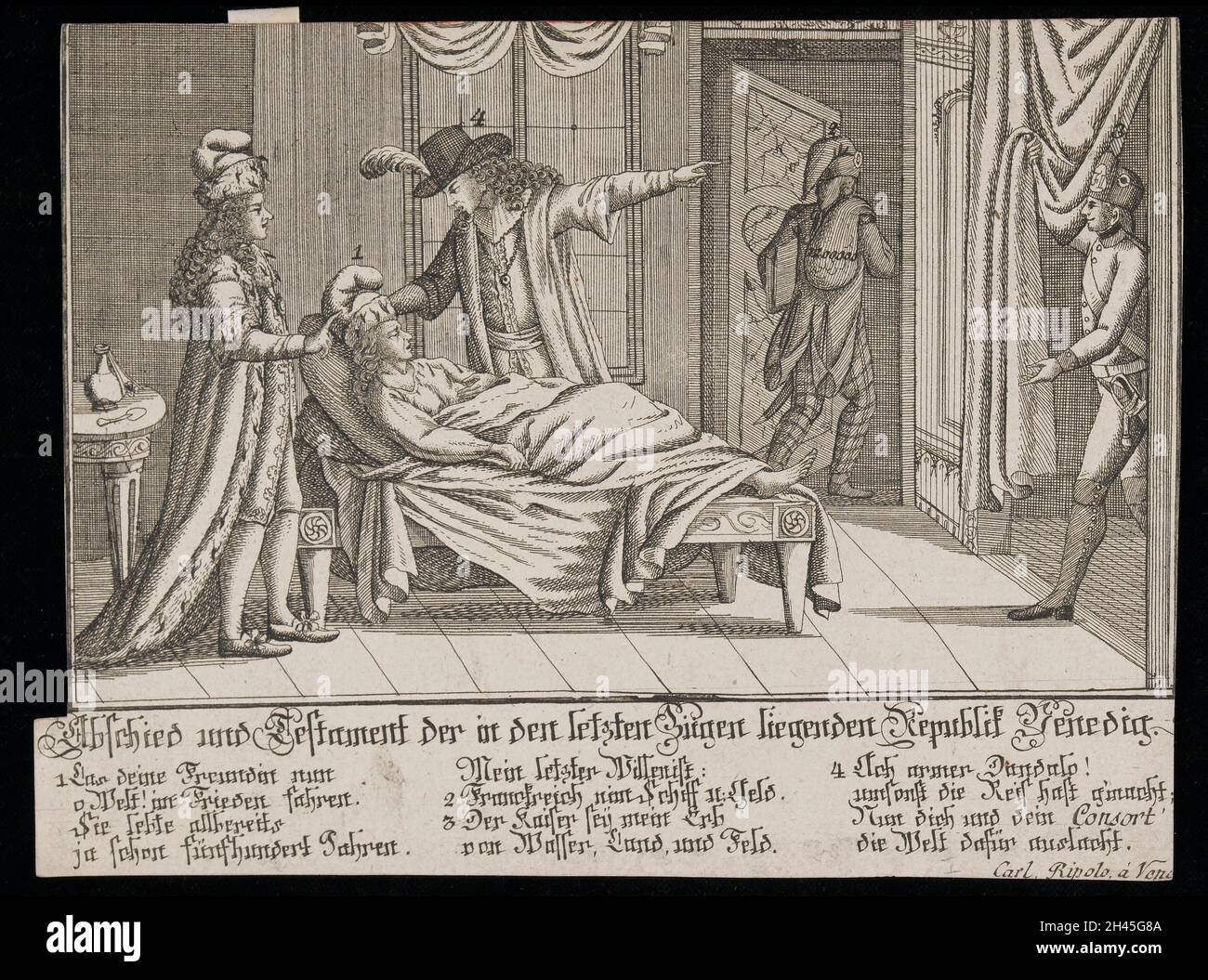 Un paziente sul suo letto di morte, che rappresenta la morte della Repubblica Veneziana. Acquaforte, ca. 1797. Foto Stock