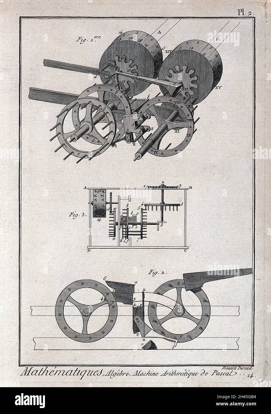 Matematica: Diagrammi in sezione delle lavorazioni interne della macchina di calcolo di Pascal. Incisione di Benard. Foto Stock