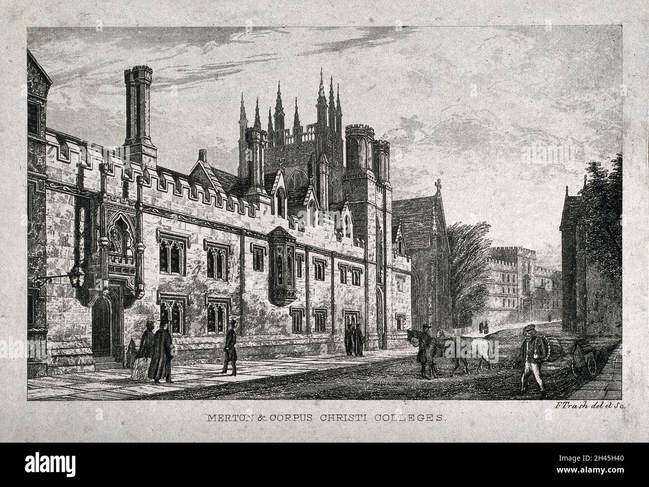 Corpus Christi College e Merton College, Oxford. Etching di F. Cestino dopo se stesso. Foto Stock