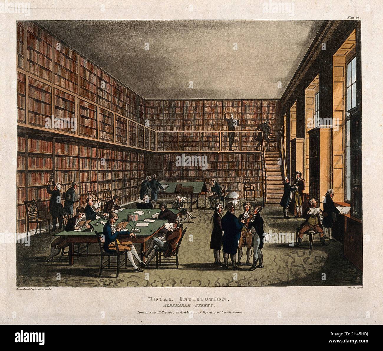 The Royal Institution, Albemarle Street: La biblioteca. Acquatint colorato da J. C. Stadler, 1800, dopo A. C. Pugin e T. Rowlandson. Foto Stock