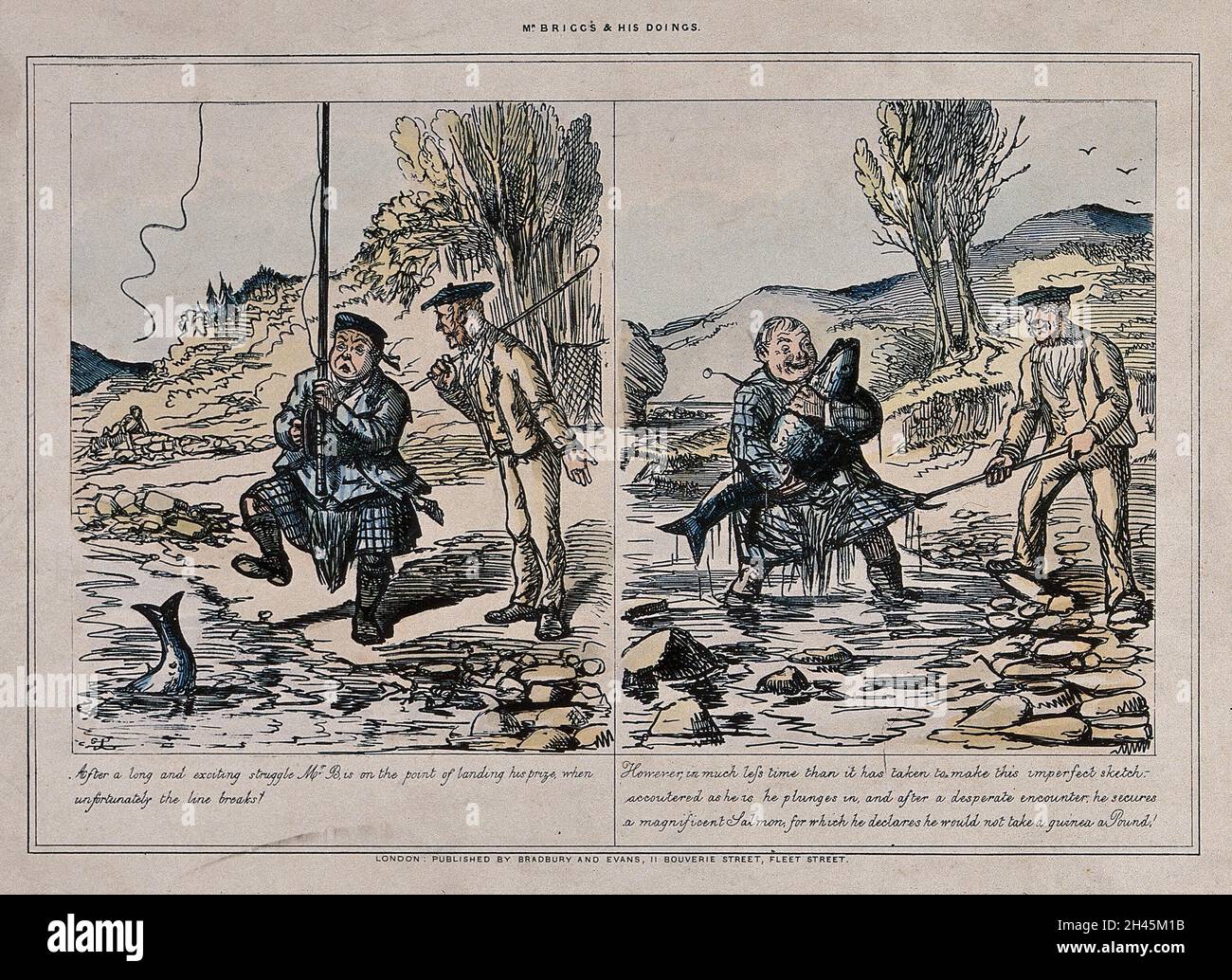 Un uomo è in piedi sulle rive di un fiume con una lenza rotta e un pesce di fuga; poi appare dall'acqua con il pesce nelle sue braccia. Stampa a colori dopo John Leech. Foto Stock