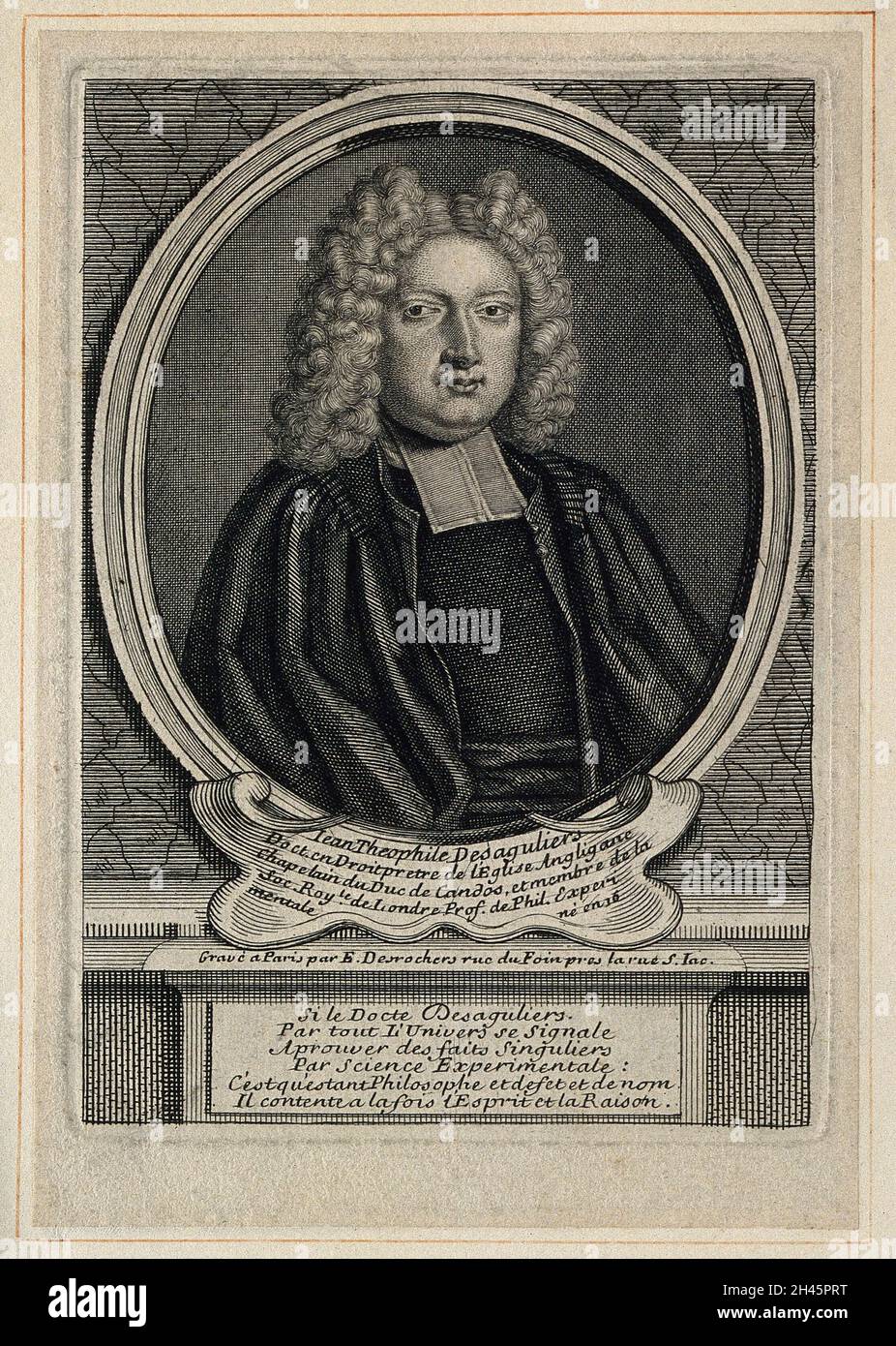 Jean-Théophile Desaguliers. Incisione linea di E. Desrochres, ca. 1720. Foto Stock
