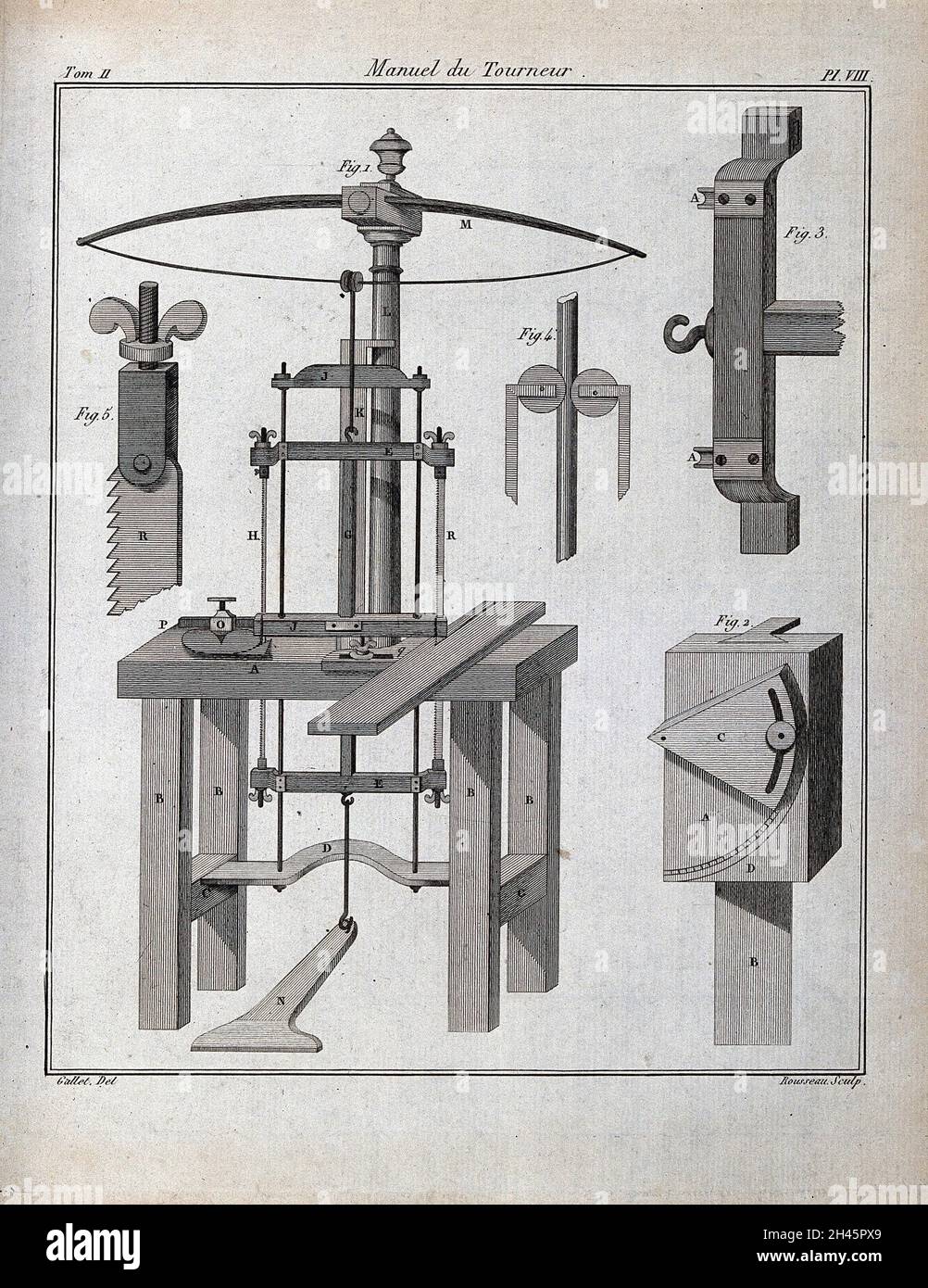Carpenteria: Un tornio a pedane, con un assortimento di utensili per tornitura. Incisione di N. L. Rousseau [?] Dopo Gallet [?]. Foto Stock