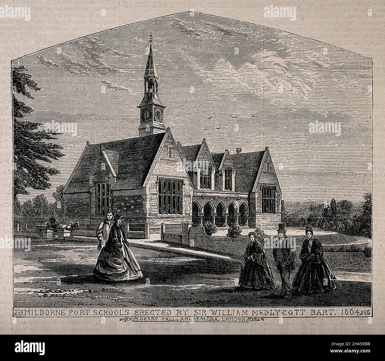 Milborne Port Schools, Milborne Port, Somerset. Incisione in legno di Walmsley, 1864, dopo H. Hall. Foto Stock