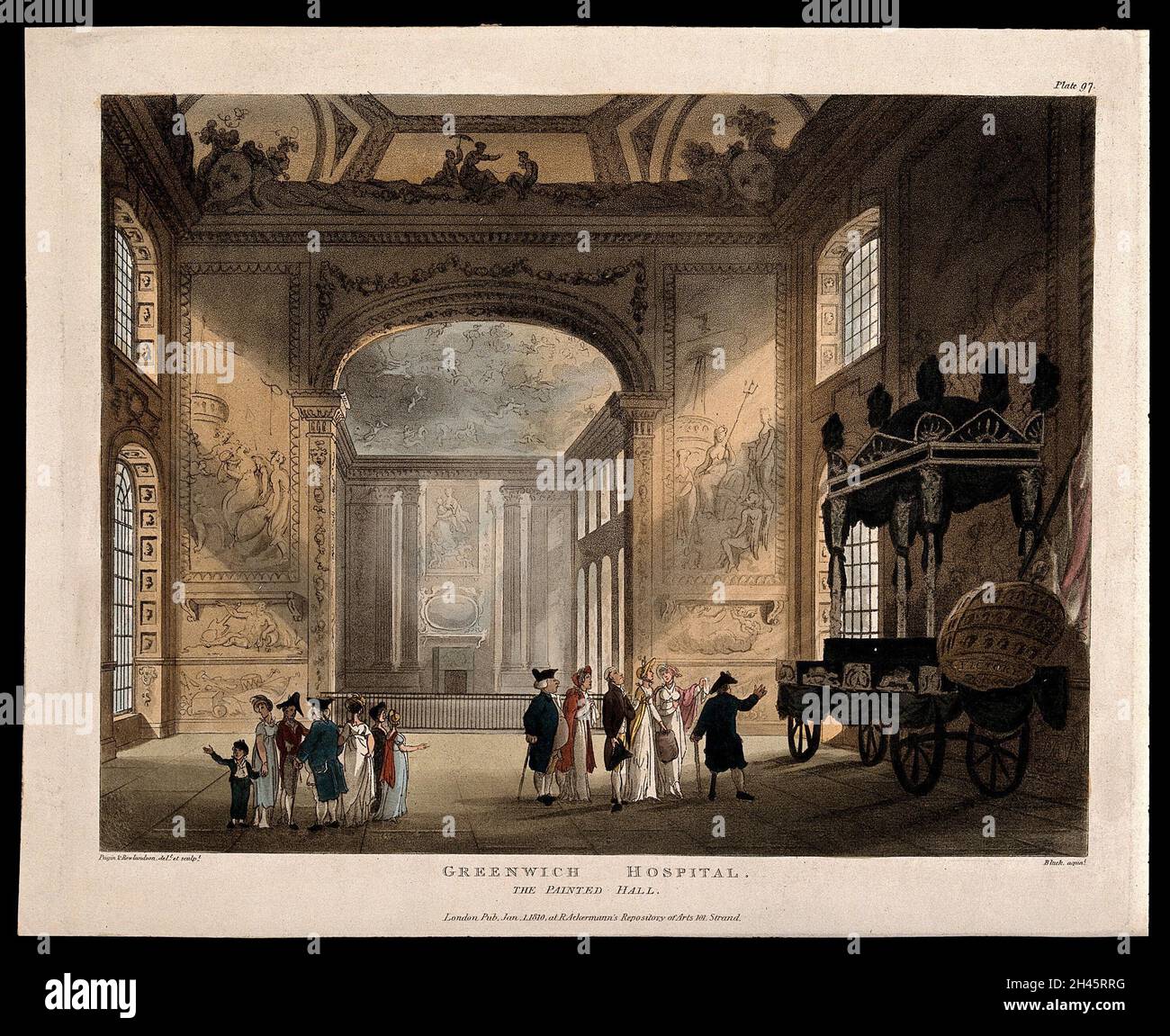 Royal Naval Hospital, Greenwich: Visitatori nella Painted Hall, con la catafalque di Horatio Nelson. Acquatint colorato da J. Bluck dopo A. C. Pugin e T. Rowlandson, 1810. Foto Stock