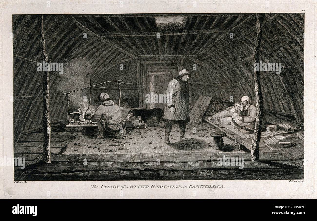 L'interno di una dimora invernale a Kattschatka (Russia); incontrato dal capitano Cook nel suo terzo viaggio (1777-1780). Incisione di W. Sharp dopo J. Webber, 1780/1785. Foto Stock